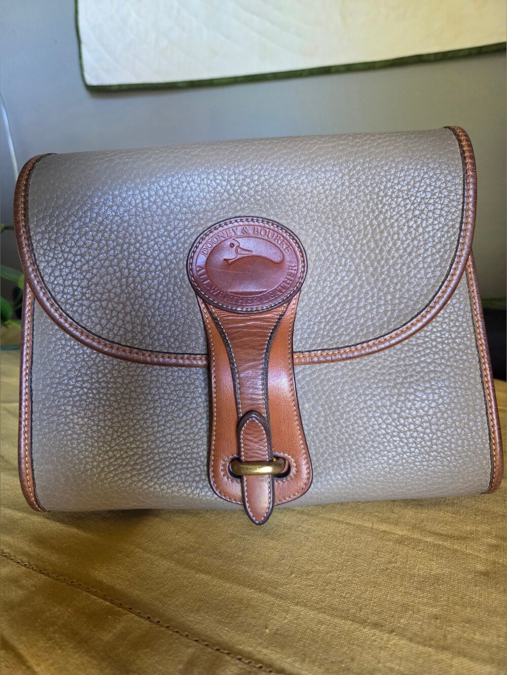 VINTAGE Dooney & Bourke Pebble Leather Crossbody Bag in Taupe with Brown Trim
